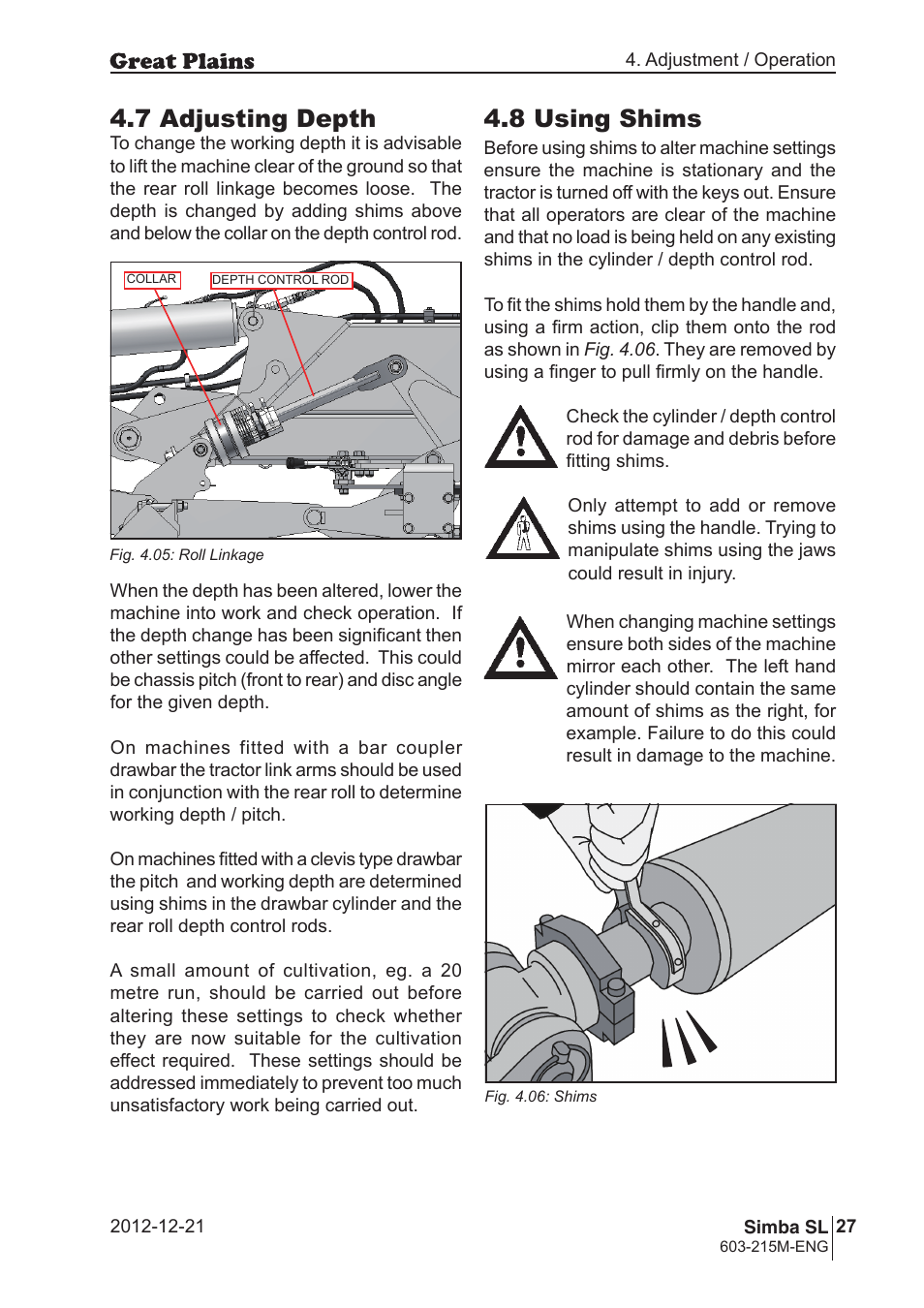 7 adjusting depth, 8 using shims | Great Plains SL600 Operator Manual User Manual | Page 27 / 36