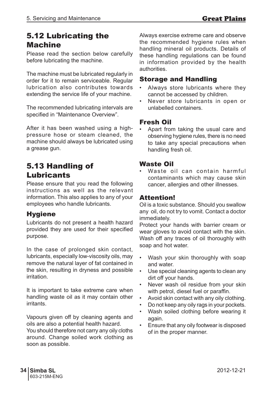 12 lubricating the machine, 13 handling of lubricants | Great Plains SL600 Operator Manual User Manual | Page 34 / 36