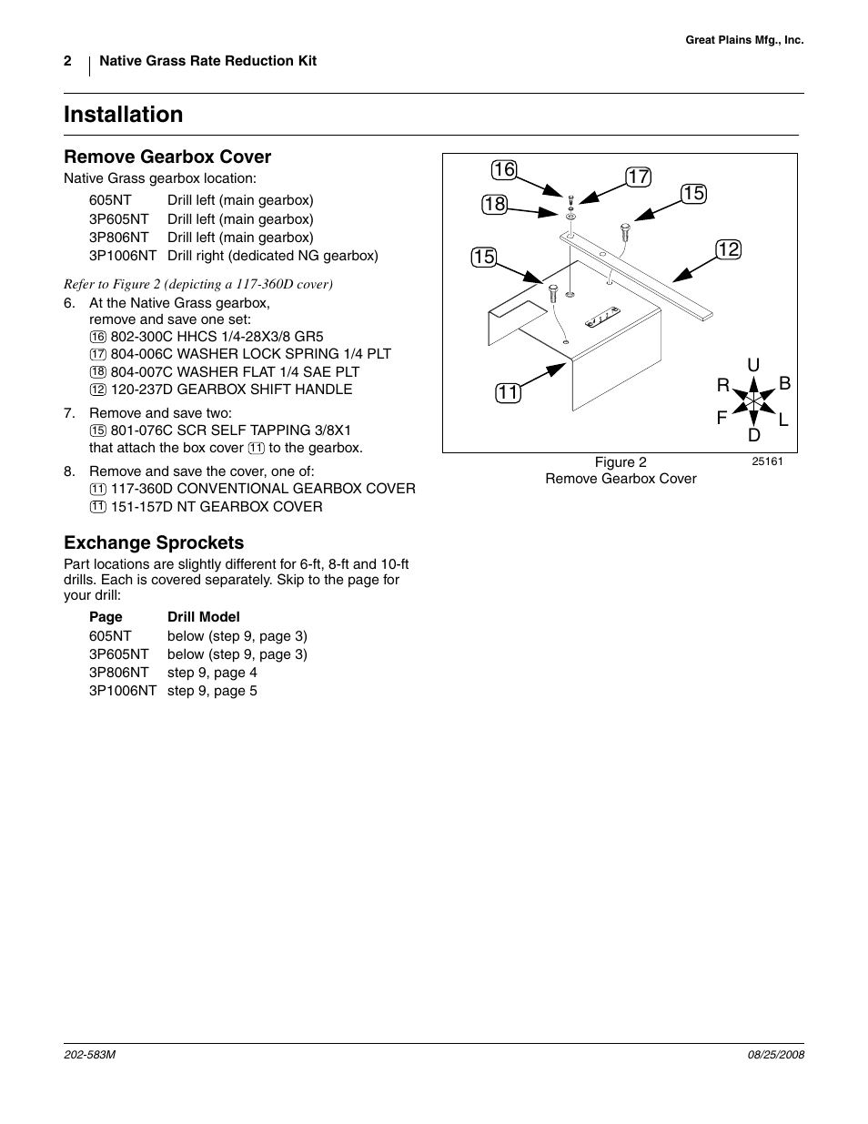 Installation, Remove gearbox cover, Exchange sprockets | Great Plains 3P605NT Assembly Instructions User Manual | Page 2 / 8