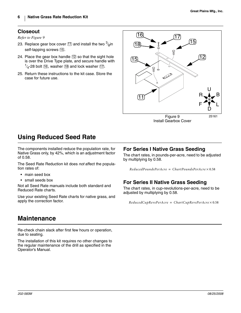 Closeout, Using reduced seed rate, For series i native grass seeding | For series ii native grass seeding, Maintenance | Great Plains 3P605NT Assembly Instructions User Manual | Page 6 / 8