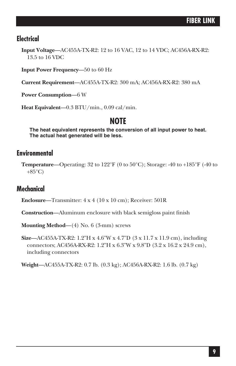 Fiber link electrical, Environmental, Mechanical | Black Box AC455A-TX-R2 User Manual | Page 10 / 22