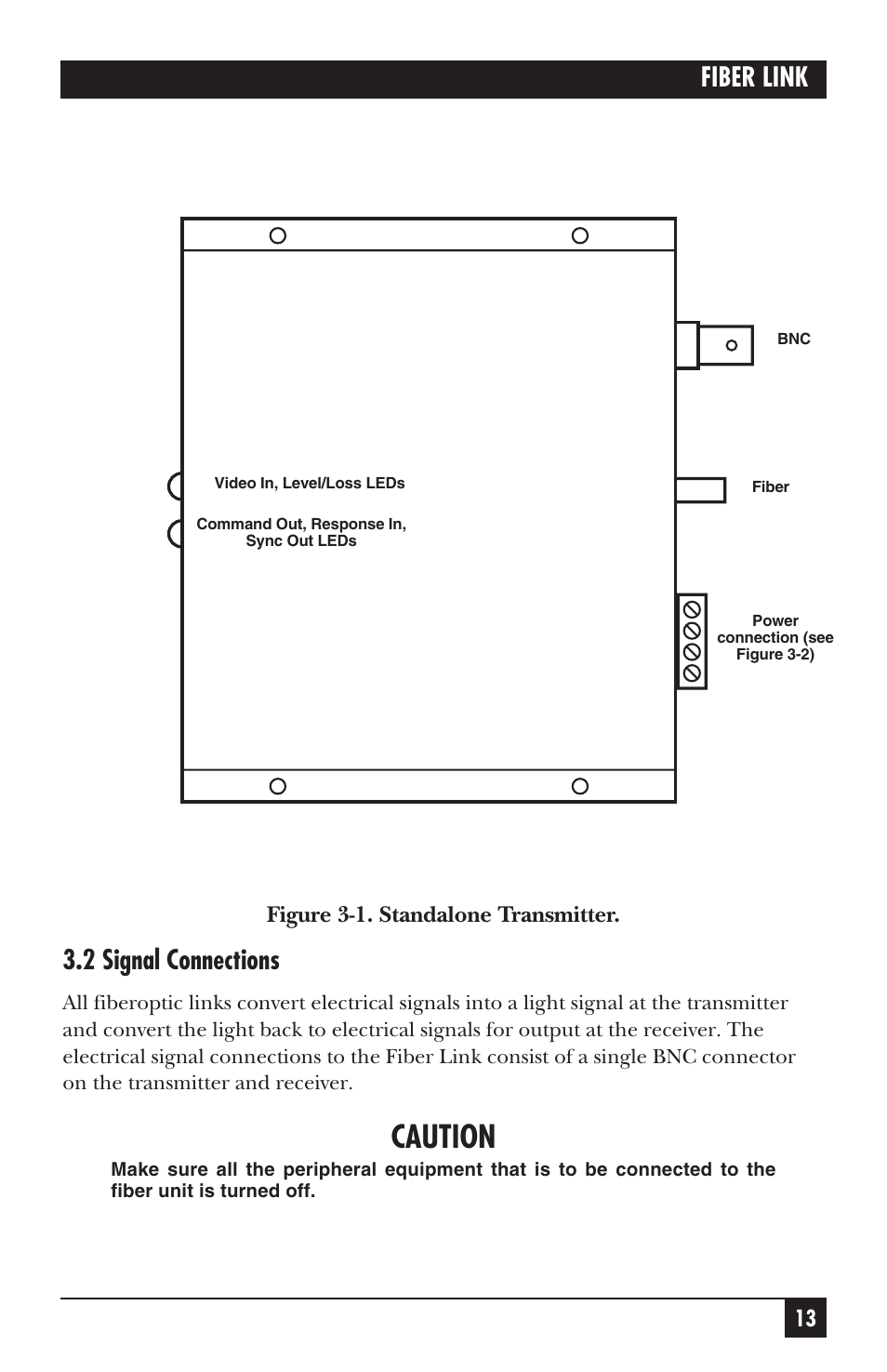Caution, Fiber link, 2 signal connections | Figure 3-1. standalone transmitter | Black Box AC455A-TX-R2 User Manual | Page 14 / 22