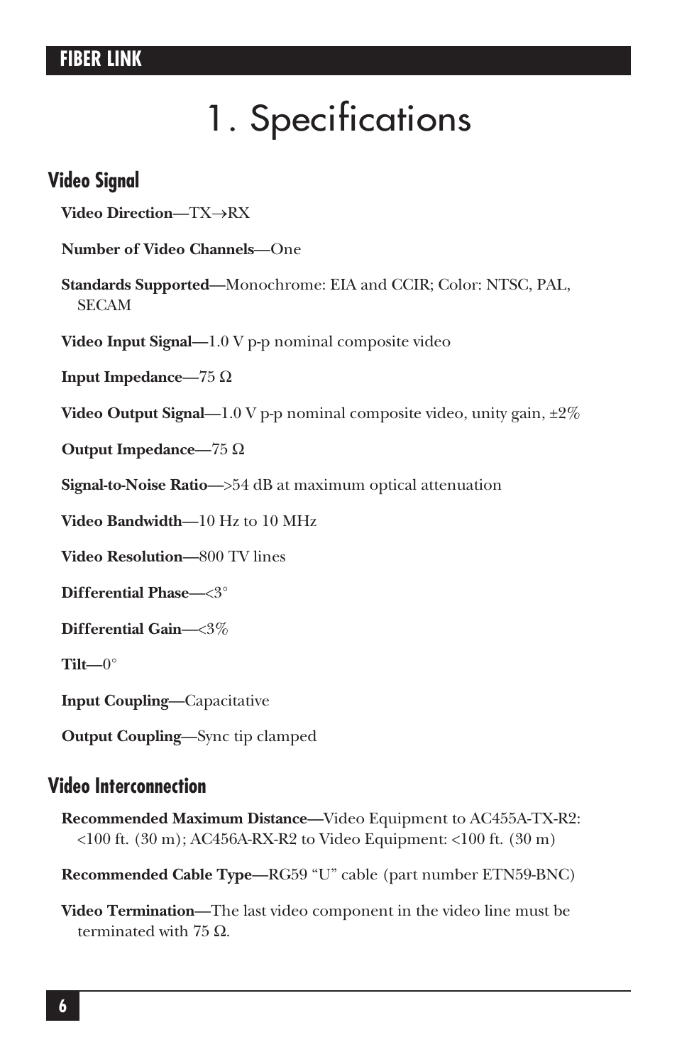 Specifications, Fiber link, Video signal | Video interconnection | Black Box AC455A-TX-R2 User Manual | Page 7 / 22
