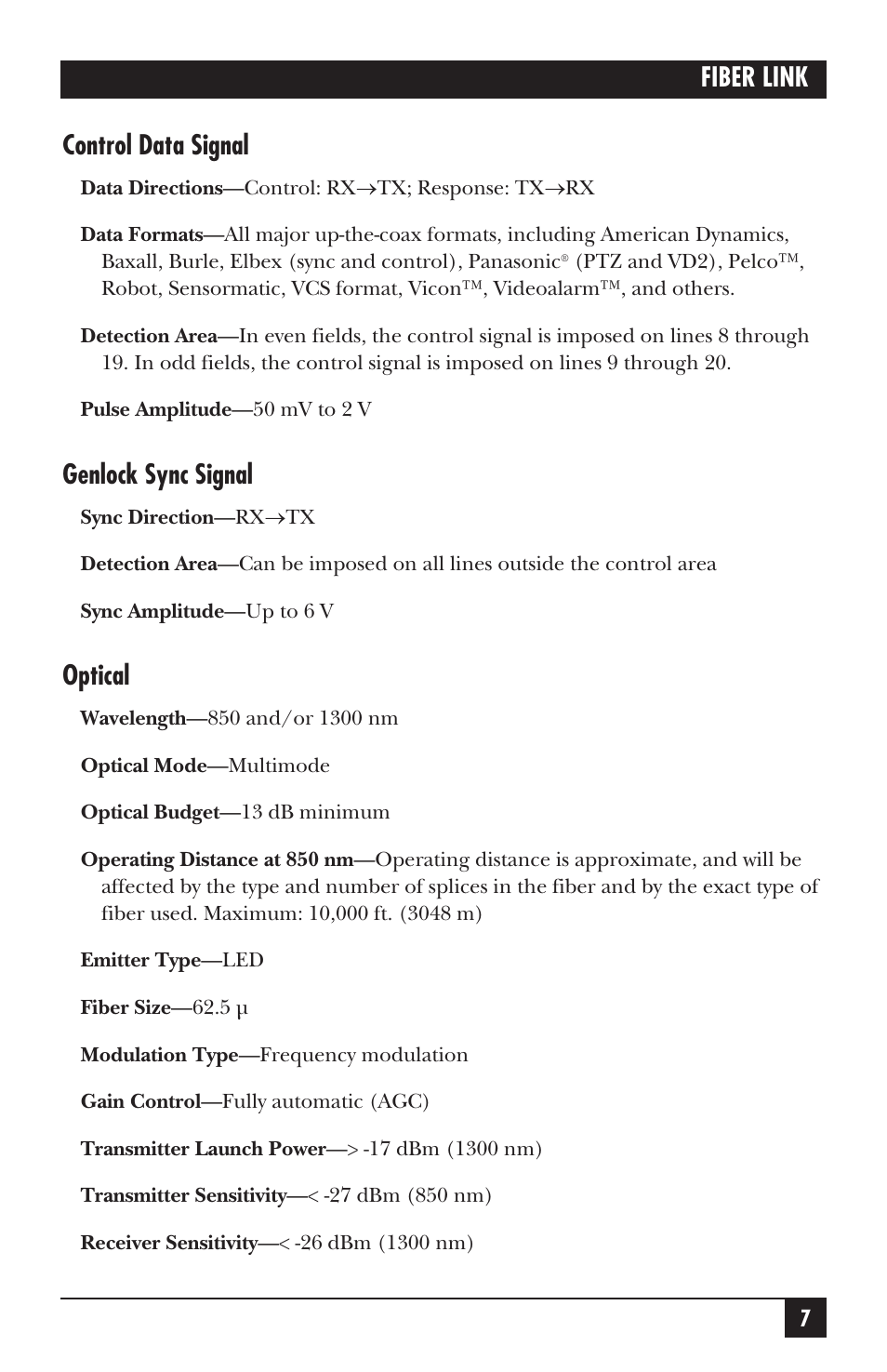 Fiber link control data signal, Genlock sync signal, Optical | Black Box AC455A-TX-R2 User Manual | Page 8 / 22