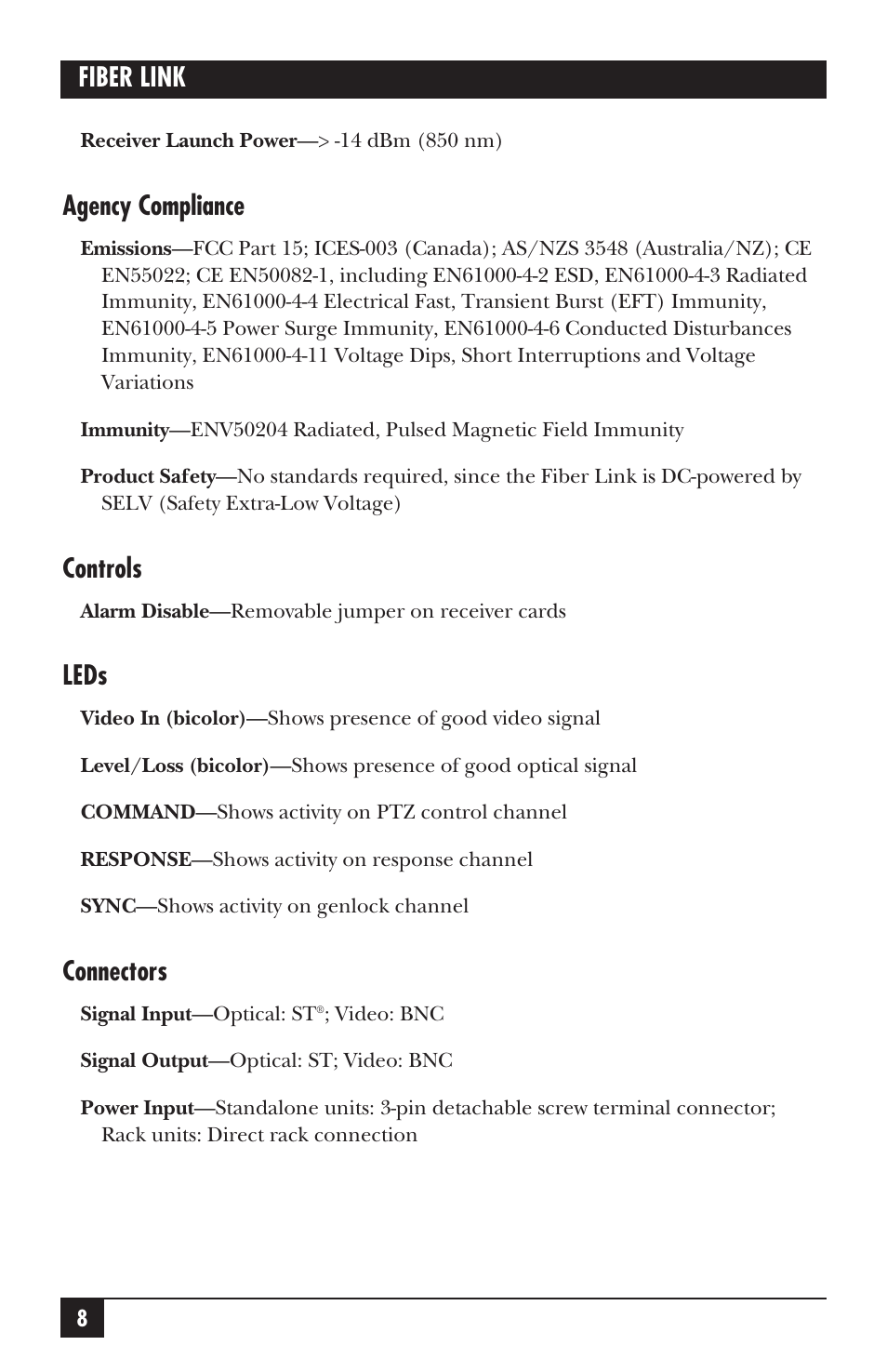 Fiber link, Agency compliance, Controls | Leds, Connectors | Black Box AC455A-TX-R2 User Manual | Page 9 / 22