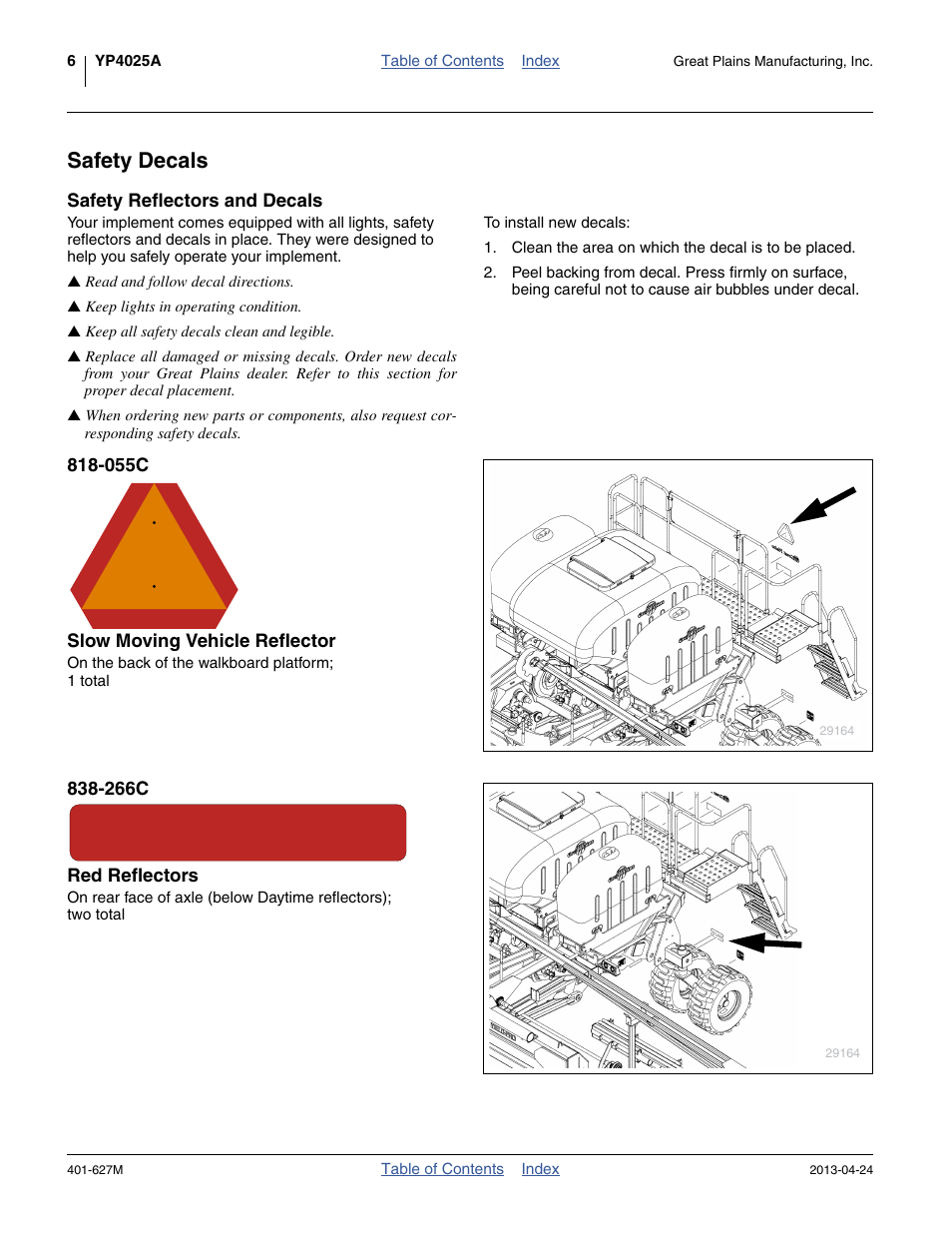 Safety decals, Safety reflectors and decals, 055c slow moving vehicle reflector | 266c red reflectors | Great Plains YP4025A Operator Manual User Manual | Page 10 / 190