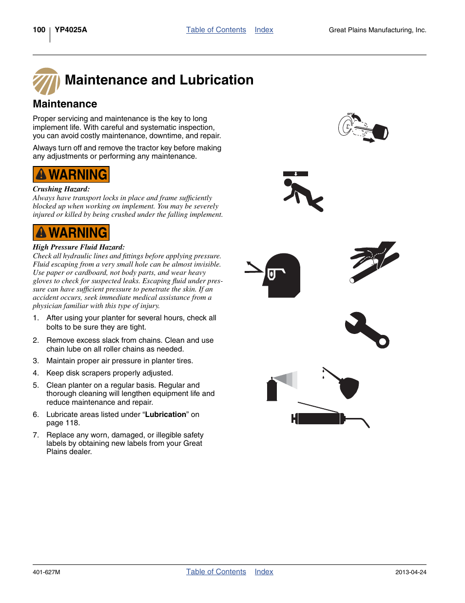 Maintenance and lubrication, Maintenance, Maintenance and lubrication maintenance | Shear bolt replacement ( maintenance | Great Plains YP4025A Operator Manual User Manual | Page 104 / 190