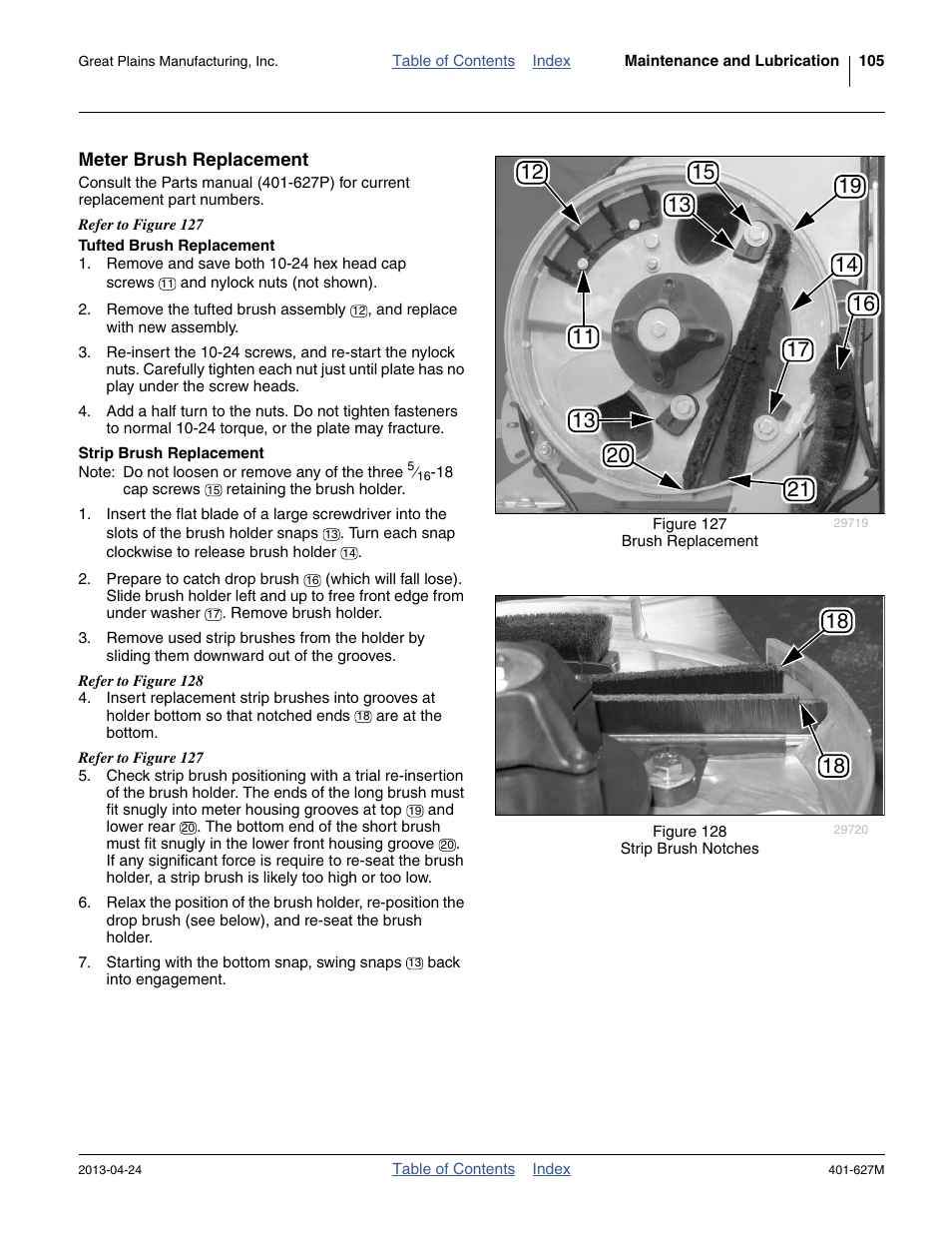 Meter brush replacement, Tufted brush replacement, Strip brush replacement | Great Plains YP4025A Operator Manual User Manual | Page 109 / 190