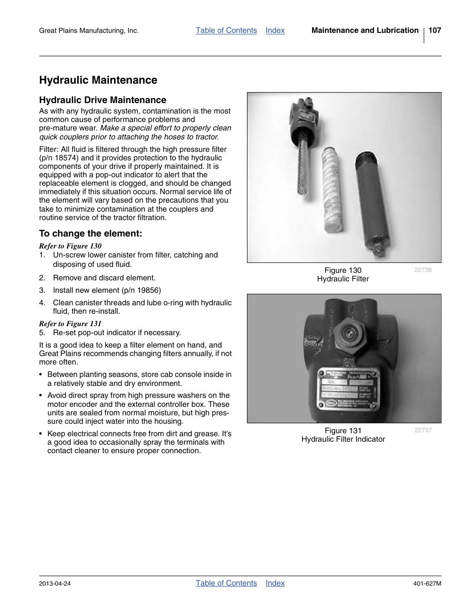Hydraulic maintenance, Hydraulic drive maintenance, To change the element | Great Plains YP4025A Operator Manual User Manual | Page 111 / 190