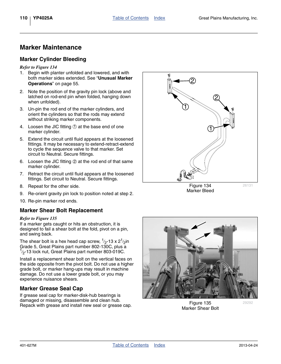 Marker maintenance, Marker cylinder bleeding, Marker shear bolt replacement | Marker grease seal cap | Great Plains YP4025A Operator Manual User Manual | Page 114 / 190