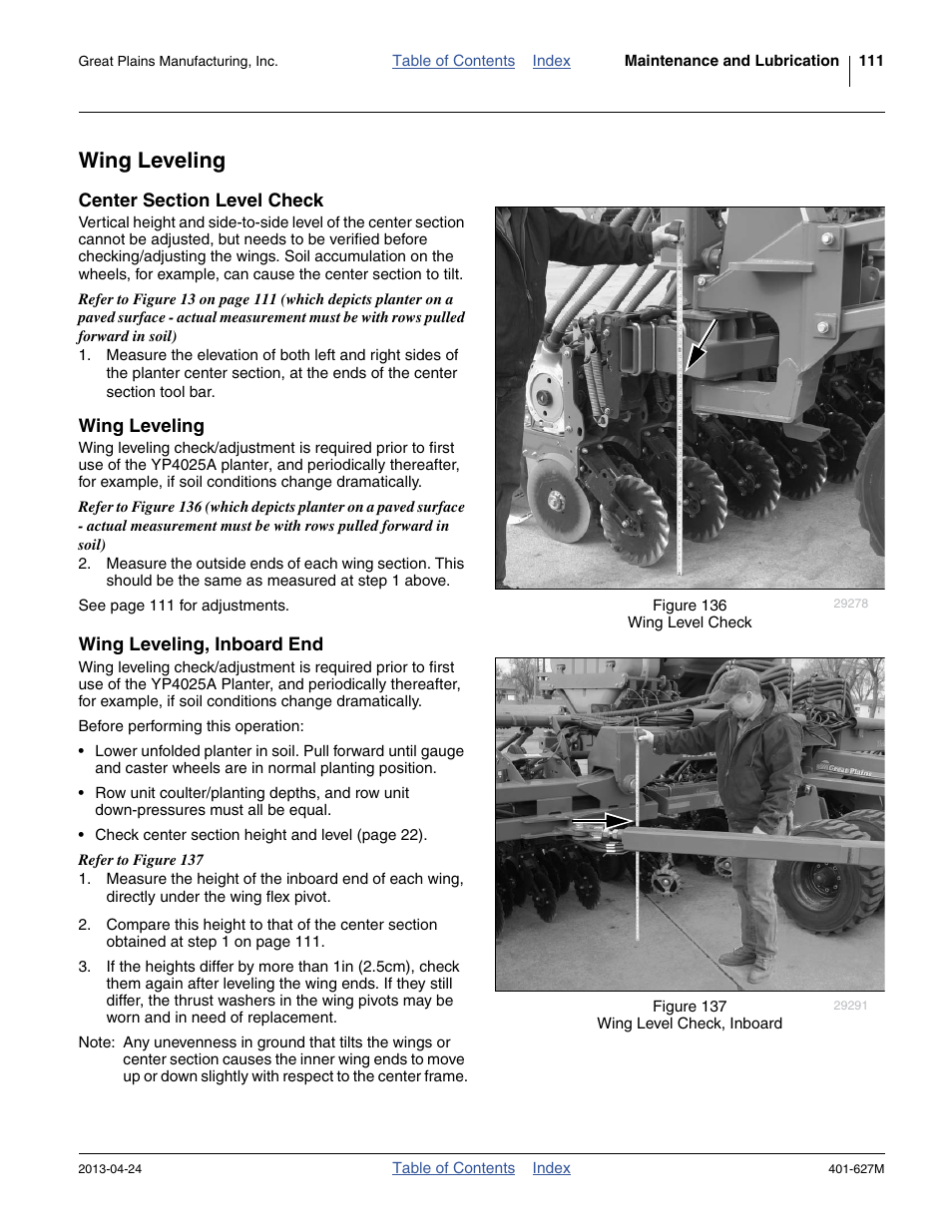 Wing leveling, Center section level check, Wing leveling, inboard end | Great Plains YP4025A Operator Manual User Manual | Page 115 / 190
