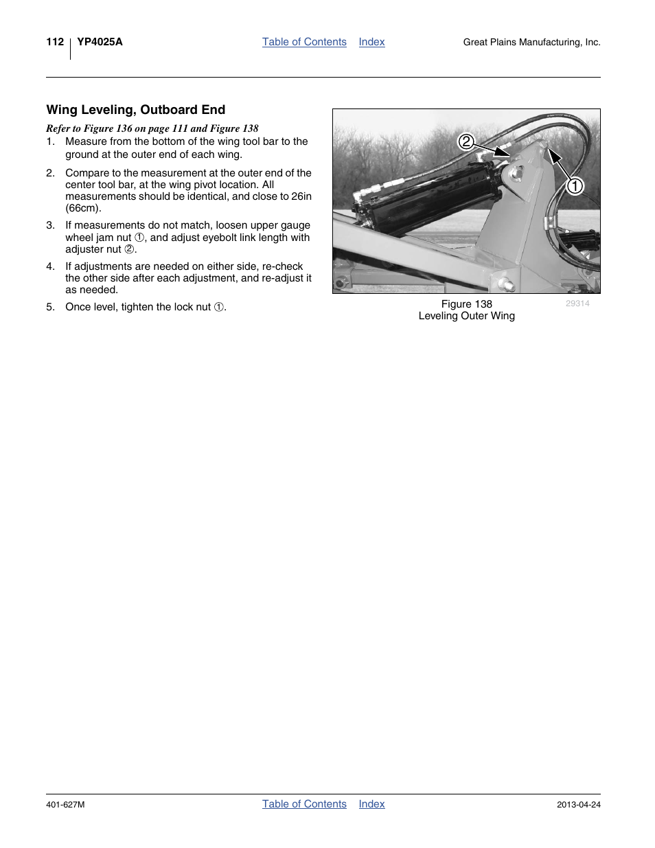 Wing leveling, outboard end | Great Plains YP4025A Operator Manual User Manual | Page 116 / 190