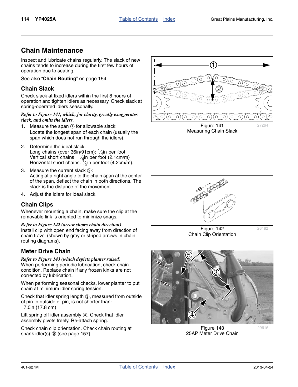 Chain maintenance, Chain slack, Chain clips | Meter drive chain | Great Plains YP4025A Operator Manual User Manual | Page 118 / 190