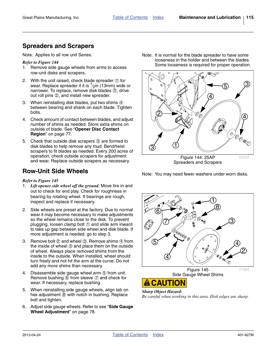 Spreaders and scrapers, Row-unit side wheels, Spreaders and scrapers row-unit side wheels | Great Plains YP4025A Operator Manual User Manual | Page 119 / 190