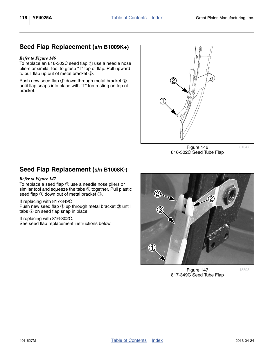 Seed flap replacement (s/n b1009k+), Seed flap replacement (s/n b1008k-), Seed flap replacement | Great Plains YP4025A Operator Manual User Manual | Page 120 / 190