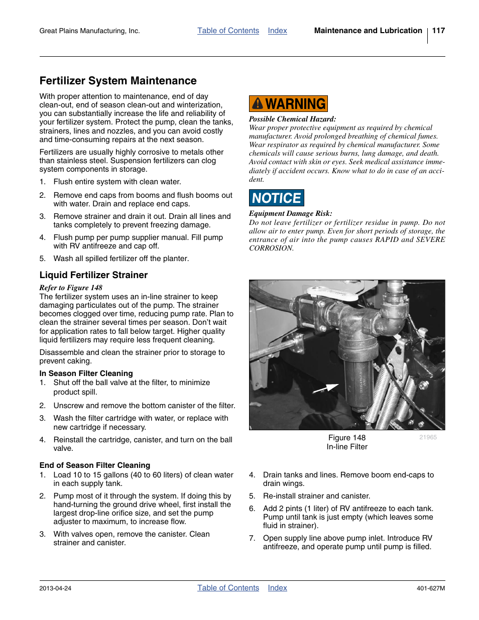 Fertilizer system maintenance, Liquid fertilizer strainer, In season filter cleaning | End of season filter cleaning | Great Plains YP4025A Operator Manual User Manual | Page 121 / 190