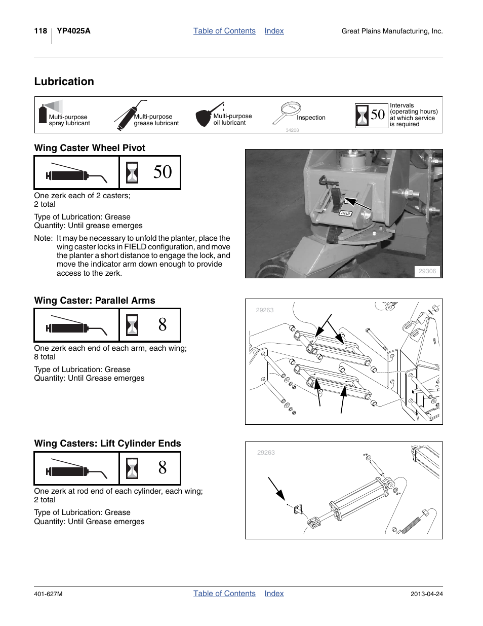 Lubrication, Wing caster wheel pivot, Wing caster: parallel arms | Wing casters: lift cylinder ends, Icate planter as indicated under “ lubrication | Great Plains YP4025A Operator Manual User Manual | Page 122 / 190