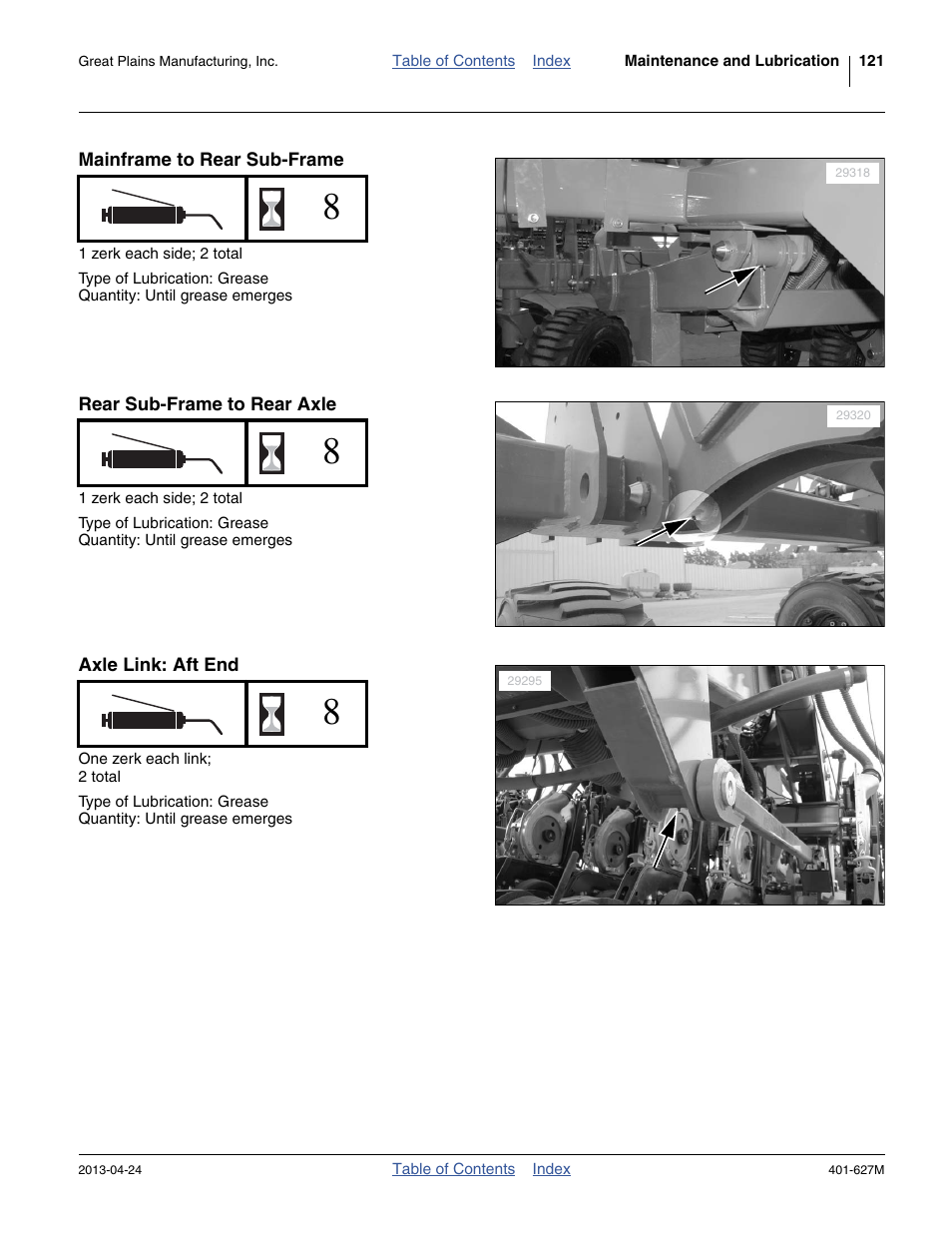 Mainframe to rear sub-frame, Rear sub-frame to rear axle, Axle link: aft end | Great Plains YP4025A Operator Manual User Manual | Page 125 / 190