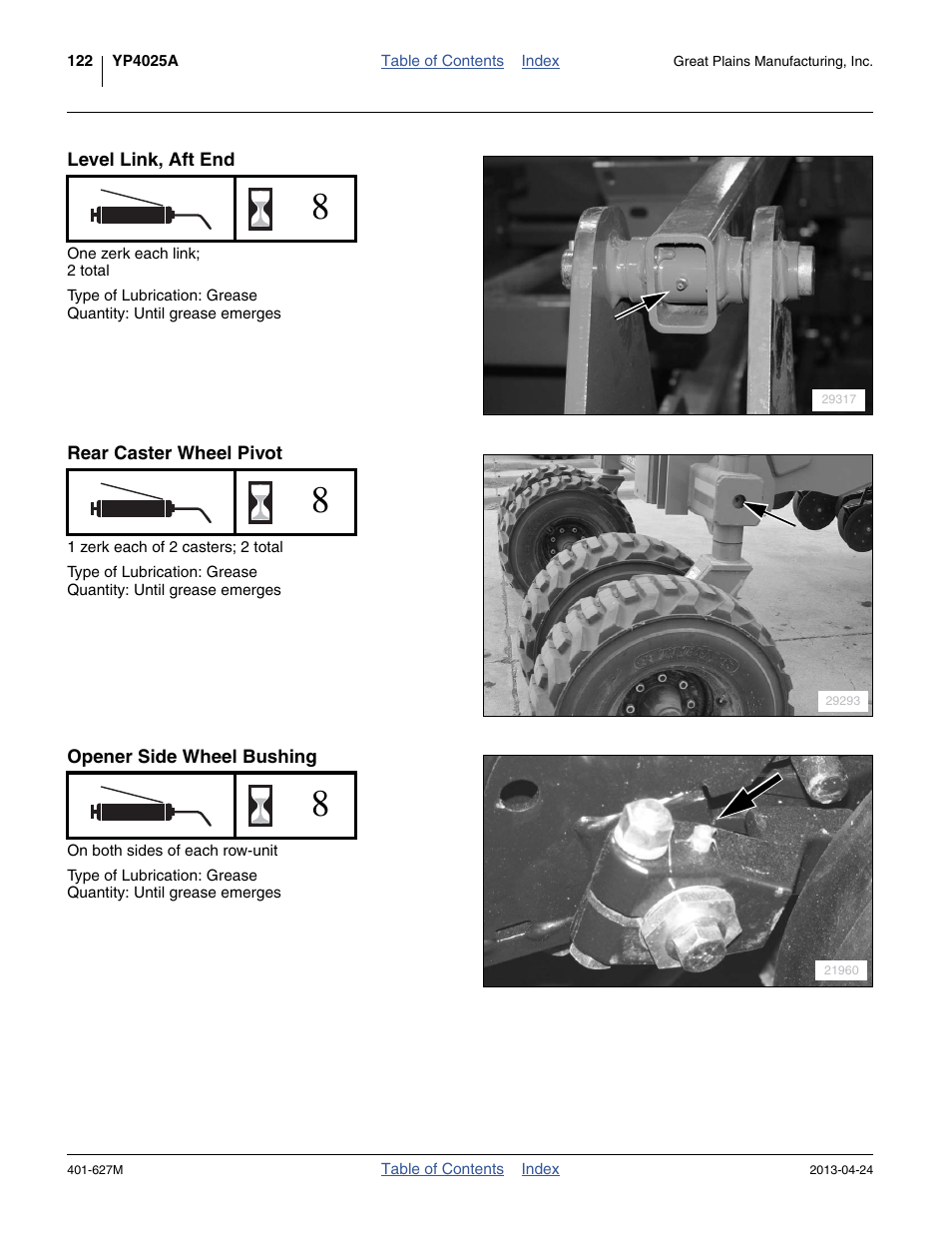 Level link, aft end, Rear caster wheel pivot, Opener side wheel bushing | Great Plains YP4025A Operator Manual User Manual | Page 126 / 190