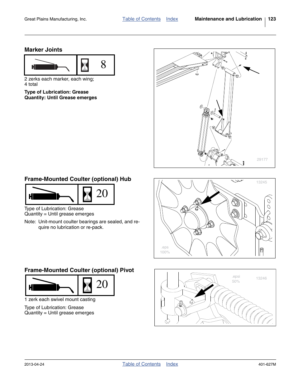 Marker joints, Frame-mounted coulter (optional) hub, Frame-mounted coulter (optional) pivot | Great Plains YP4025A Operator Manual User Manual | Page 127 / 190