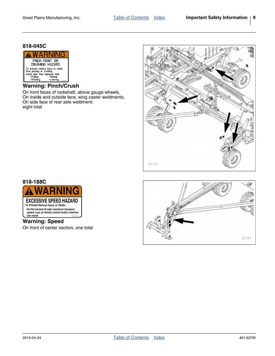 045c warning: pinch/crush, 188c warning: speed, Warning | Excessive speed hazard | Great Plains YP4025A Operator Manual User Manual | Page 13 / 190