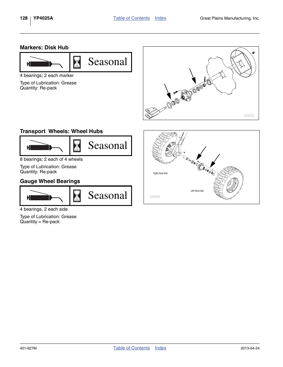 Markers: disk hub, Transport wheels: wheel hubs, Gauge wheel bearings | Seasonal | Great Plains YP4025A Operator Manual User Manual | Page 132 / 190