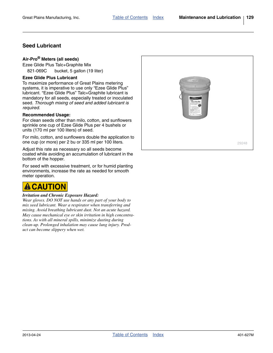 Seed lubricant, Air-pro® meters (all seeds), Ezee glide plus talc+graphite mix | Ezee glide plus lubricant | Great Plains YP4025A Operator Manual User Manual | Page 133 / 190