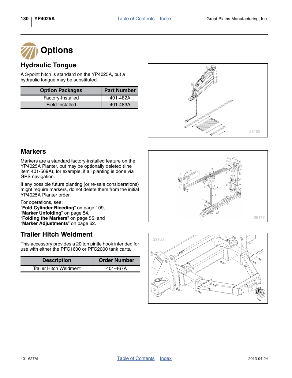 Options, Hydraulic tongue, Markers | Trailer hitch weldment | Great Plains YP4025A Operator Manual User Manual | Page 134 / 190