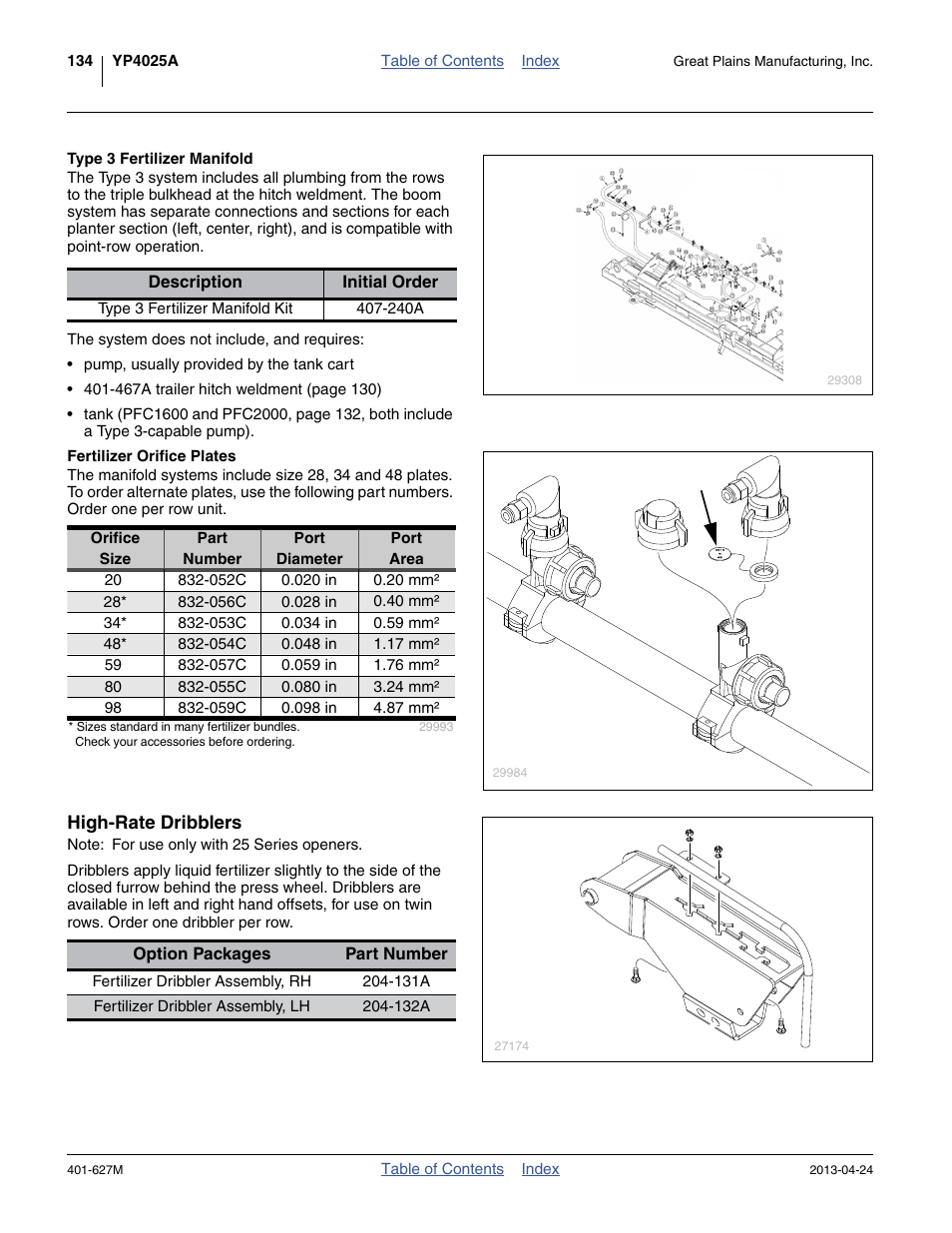 Type 3 fertilizer manifold, Fertilizer orifice plates, High-rate dribblers | Great Plains YP4025A Operator Manual User Manual | Page 138 / 190