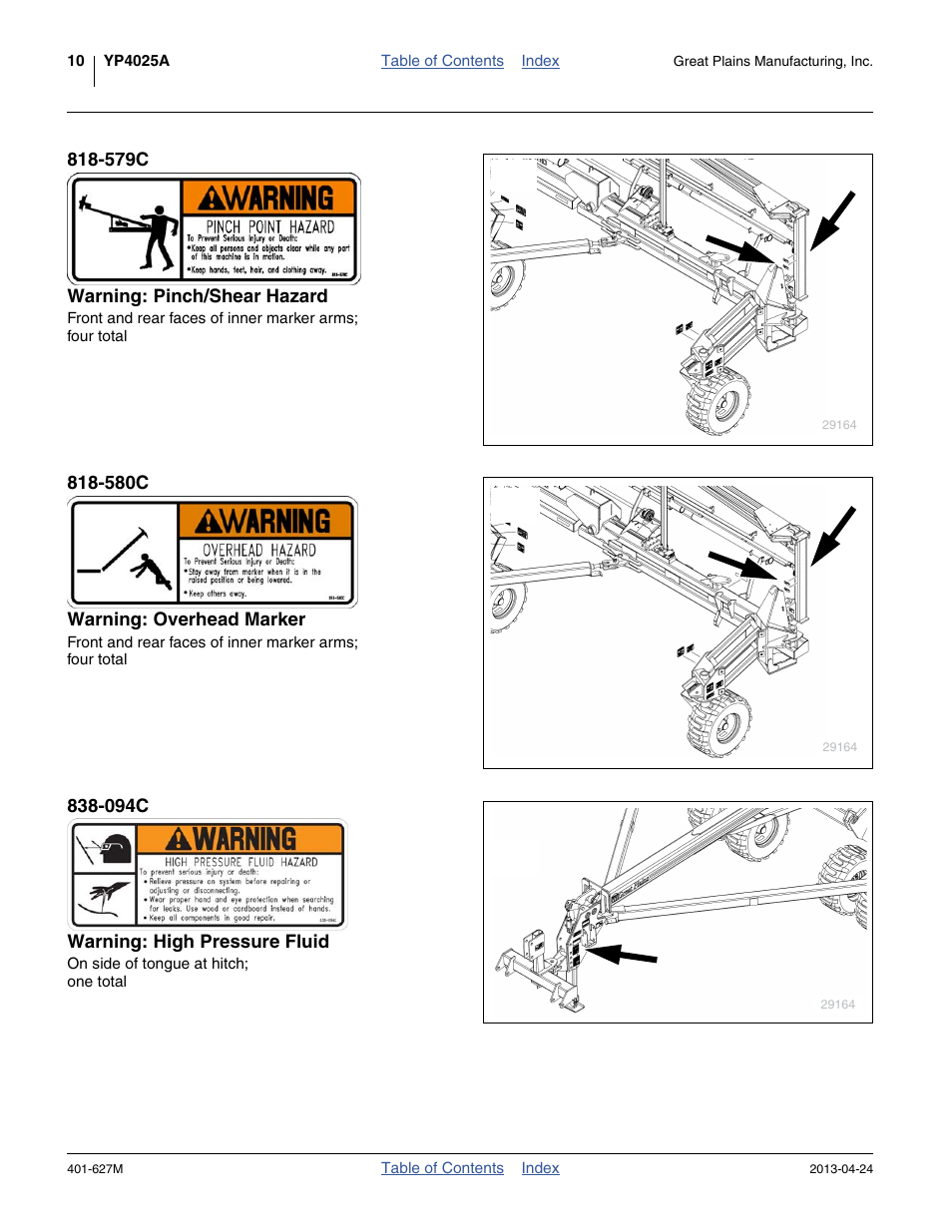 579c warning: pinch/shear hazard, 580c warning: overhead marker, 094c warning: high pressure fluid | Great Plains YP4025A Operator Manual User Manual | Page 14 / 190