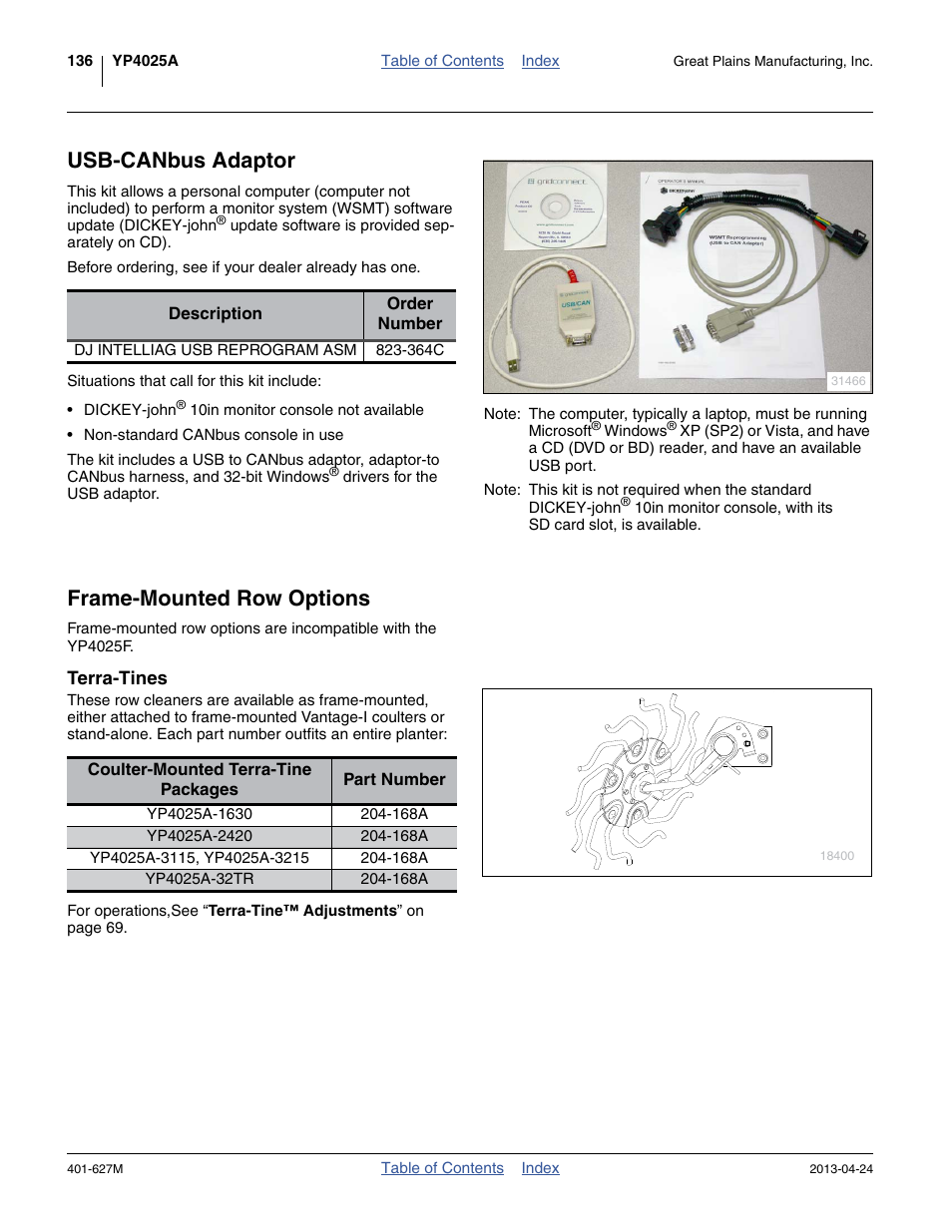 Usb-canbus adaptor, Frame-mounted row options, Terra-tines | Great Plains YP4025A Operator Manual User Manual | Page 140 / 190