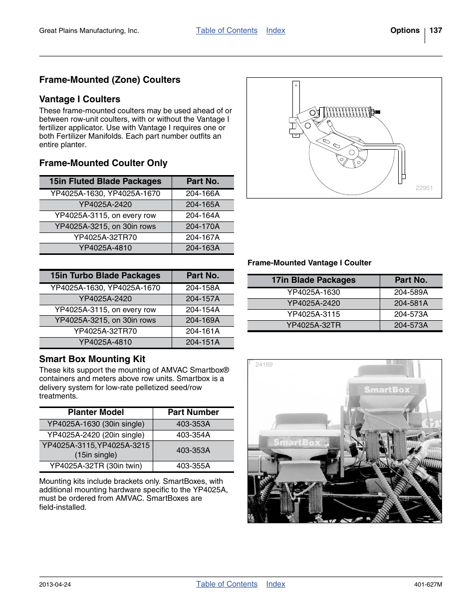 Frame-mounted (zone) coulters, Vantage i coulters, Frame-mounted coulter only | Frame-mounted vantage i coulter, Smart box mounting kit | Great Plains YP4025A Operator Manual User Manual | Page 141 / 190