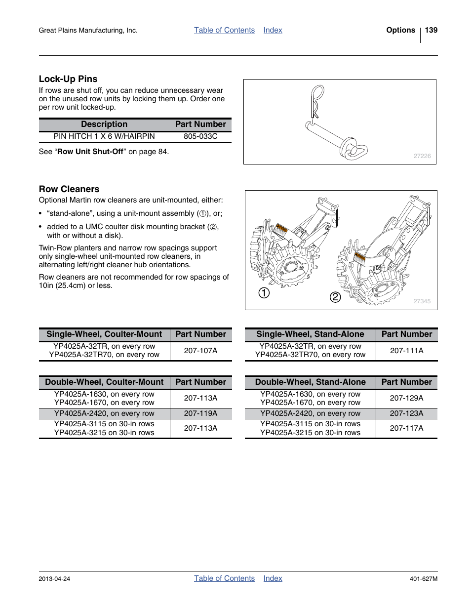 Lock-up pins, Row cleaners | Great Plains YP4025A Operator Manual User Manual | Page 143 / 190