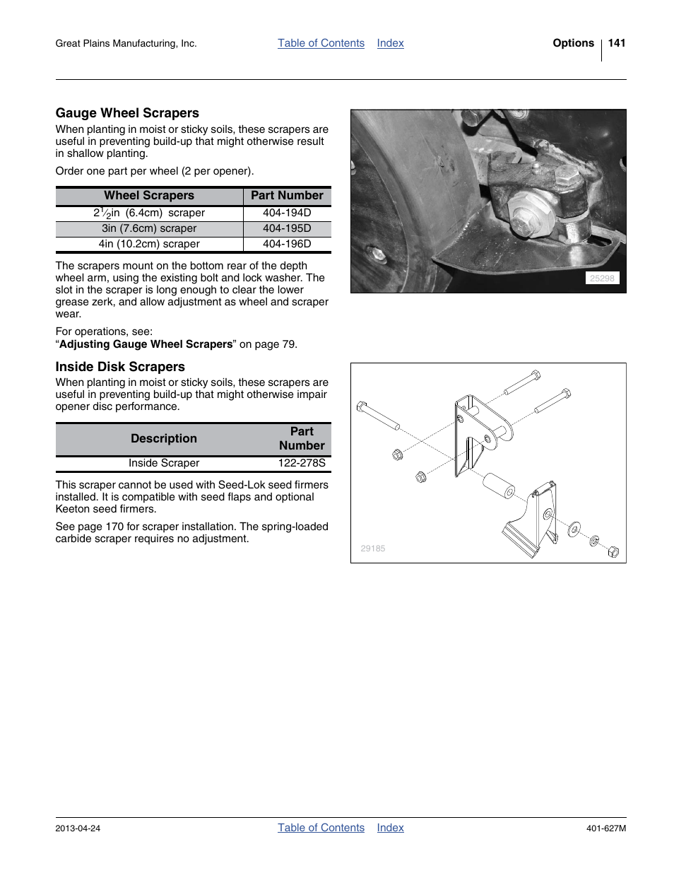 Gauge wheel scrapers, Inside disk scrapers | Great Plains YP4025A Operator Manual User Manual | Page 145 / 190