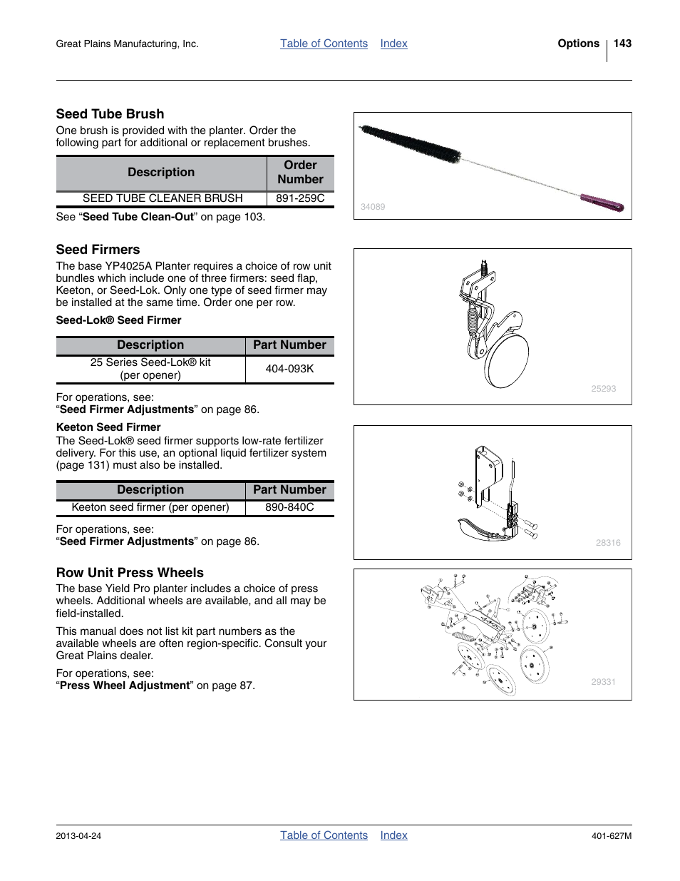 Seed tube brush, Seed firmers, Seed-lok® seed firmer | Keeton seed firmer, Row unit press wheels | Great Plains YP4025A Operator Manual User Manual | Page 147 / 190