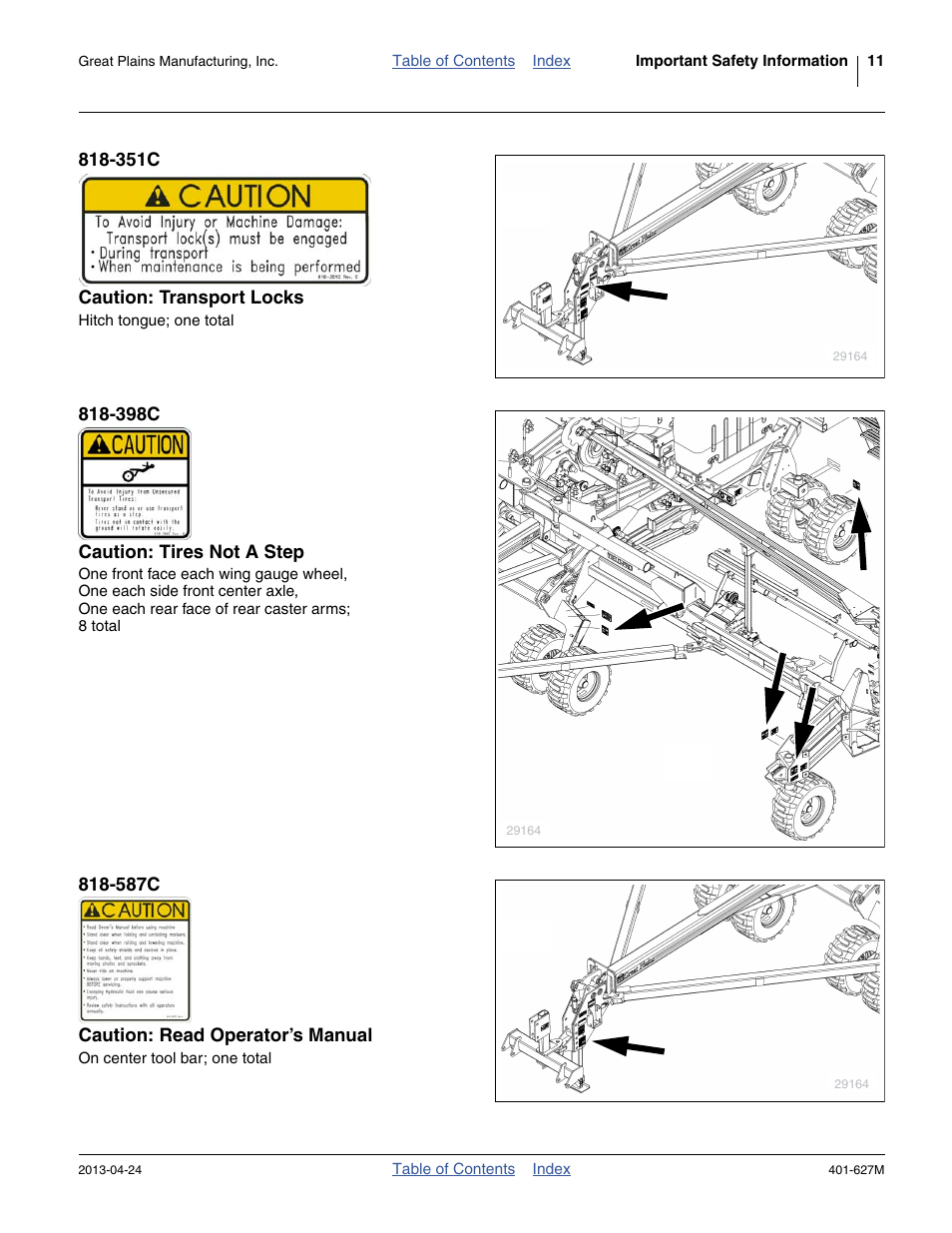 351c caution: transport locks, 398c caution: tires not a step, 587c caution: read operator’s manual | Great Plains YP4025A Operator Manual User Manual | Page 15 / 190