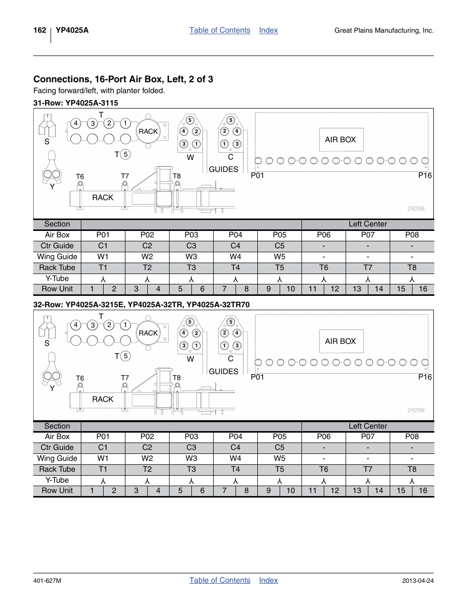 Connections, 16-port air box, left, 2 of 3, Row: yp4025a-3115, Row: yp4025a-3215e, yp4025a-32tr, yp4025a-32tr70 | Great Plains YP4025A Operator Manual User Manual | Page 166 / 190