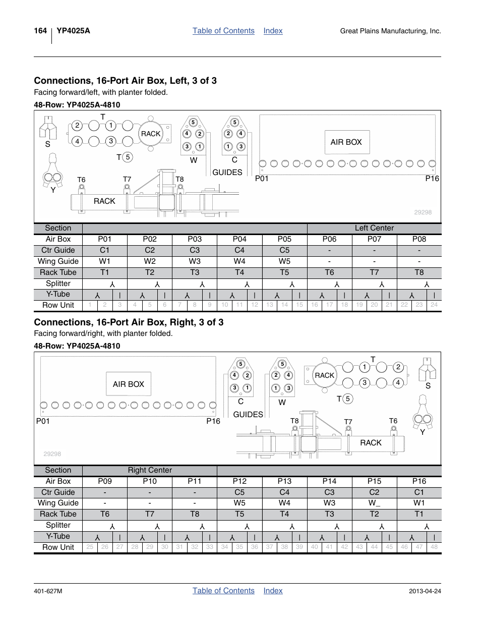 Connections, 16-port air box, left, 3 of 3, Row: yp4025a-4810, Connections, 16-port air box, right, 3 of 3 | Great Plains YP4025A Operator Manual User Manual | Page 168 / 190