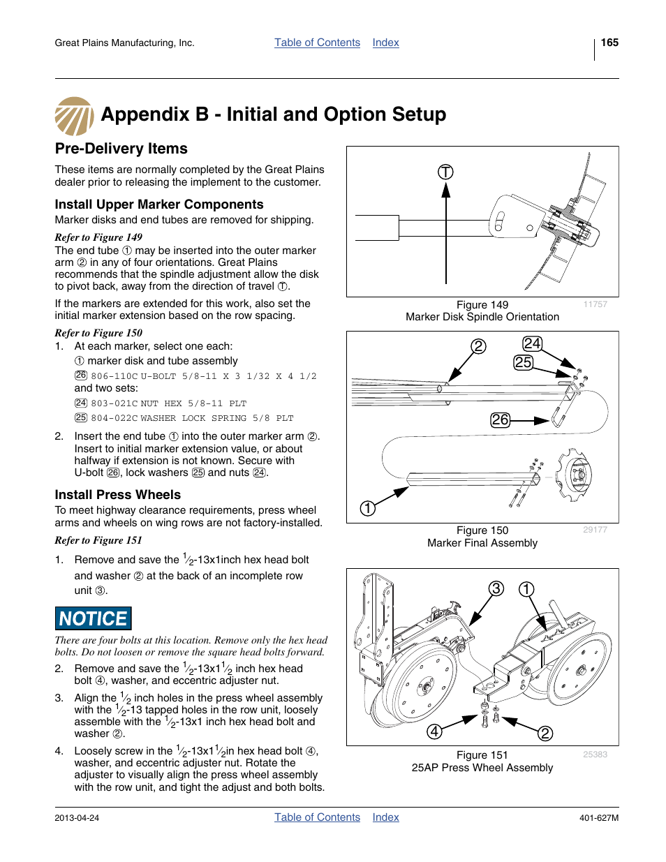 Appendix b - initial and option setup, Pre-delivery items, Install upper marker components | Install press wheels | Great Plains YP4025A Operator Manual User Manual | Page 169 / 190