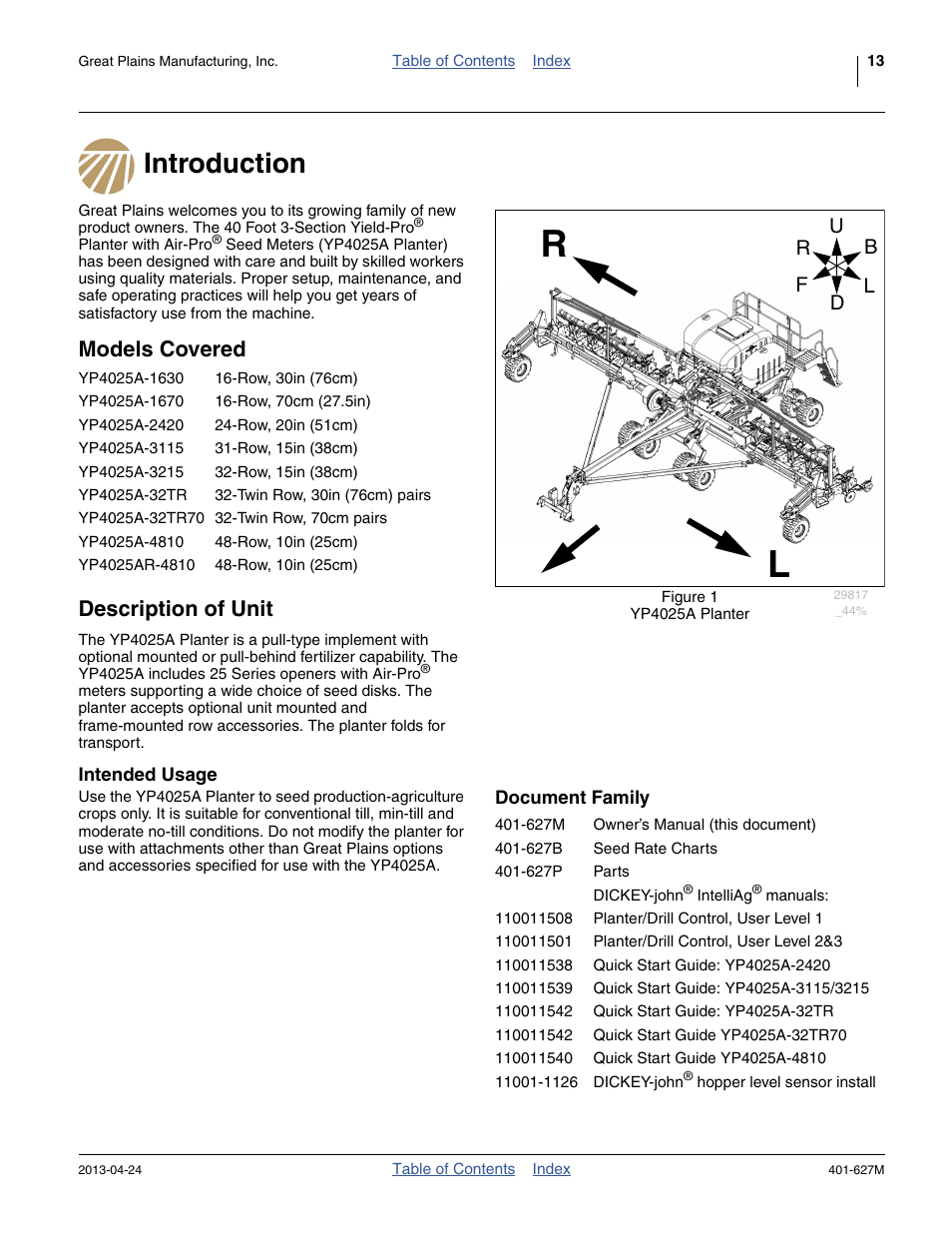 Introduction, Models covered, Description of unit | Intended usage, Document family, Introduction models covered description of unit, Intended usage document family, Models covered description of unit | Great Plains YP4025A Operator Manual User Manual | Page 17 / 190