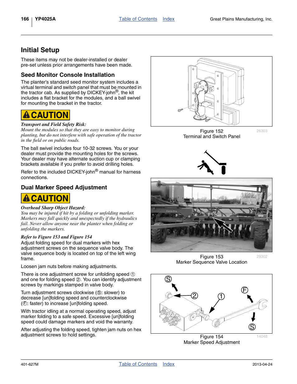 Initial setup, Seed monitor console installation, Dual marker speed adjustment | 12 f s s | Great Plains YP4025A Operator Manual User Manual | Page 170 / 190