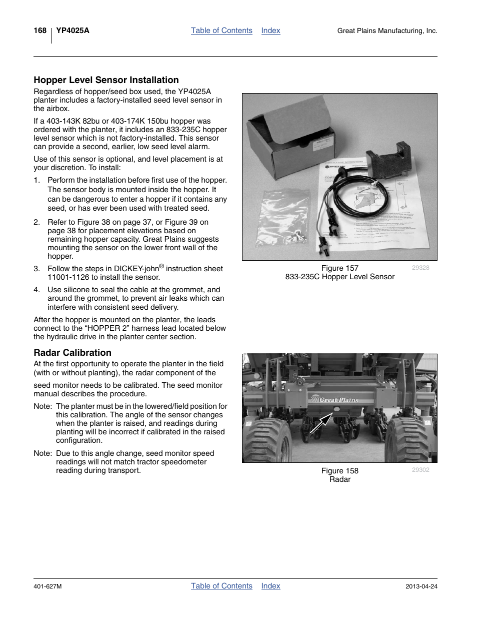 Hopper level sensor installation, Radar calibration, Hopper level sensor installation radar calibration | Great Plains YP4025A Operator Manual User Manual | Page 172 / 190