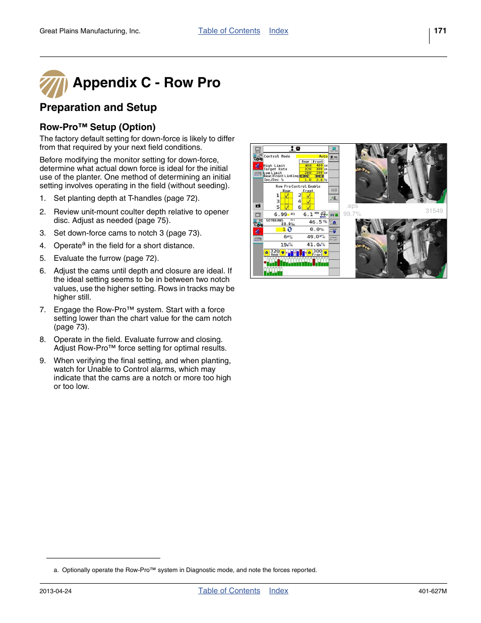 Appendix c - row pro, Preparation and setup, Row-pro™ setup (option) | Great Plains YP4025A Operator Manual User Manual | Page 175 / 190