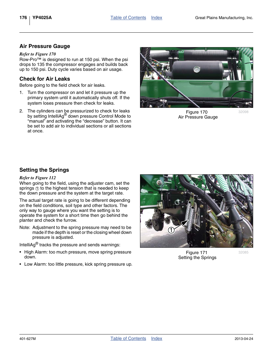 Air pressure gauge, Check for air leaks, Setting the springs | Great Plains YP4025A Operator Manual User Manual | Page 180 / 190