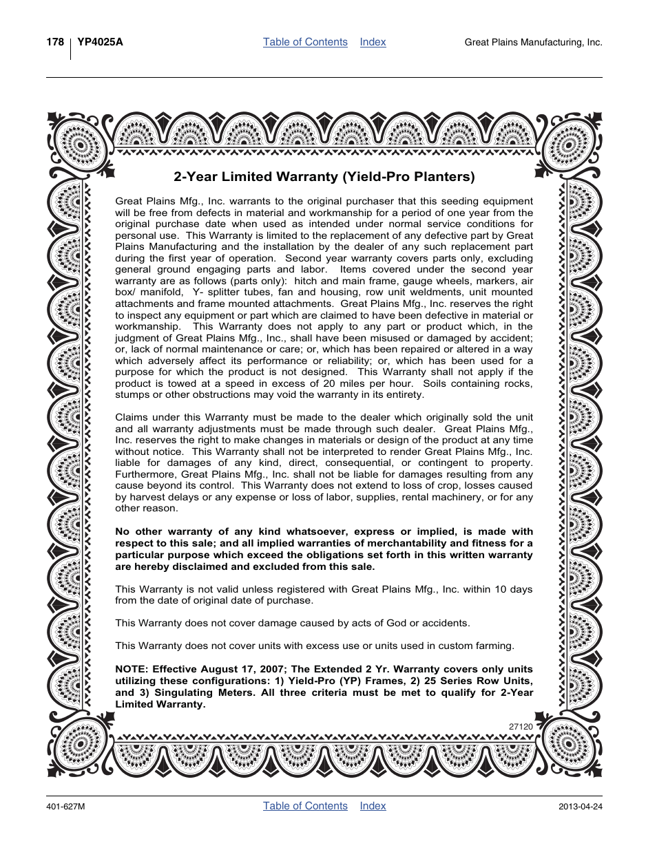 Warranty, Year limited warranty (yield-pro planters) | Great Plains YP4025A Operator Manual User Manual | Page 182 / 190