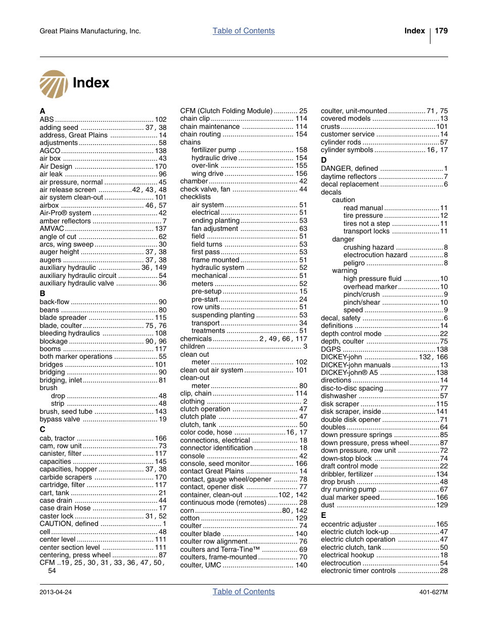 Index, Appendix | Great Plains YP4025A Operator Manual User Manual | Page 183 / 190