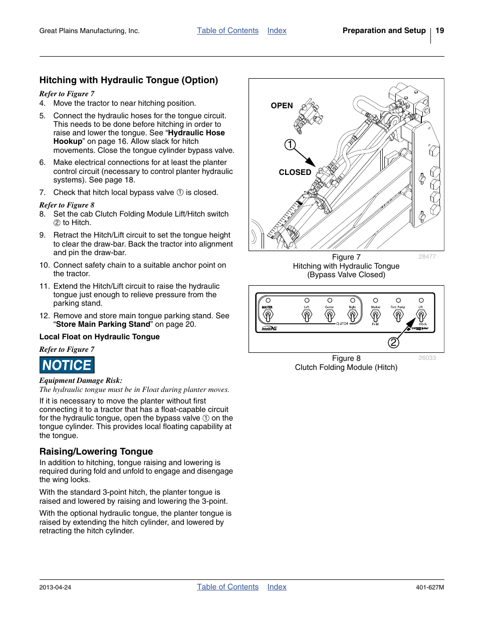 Hitching with hydraulic tongue (option), Local float on hydraulic tongue, Raising/lowering tongue | Great Plains YP4025A Operator Manual User Manual | Page 23 / 190