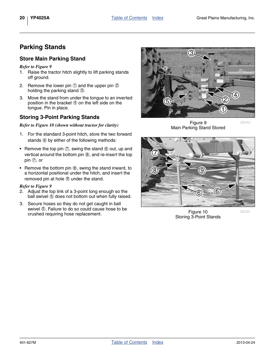 Parking stands, Store main parking stand, Storing 3-point parking stands | King stand. see | Great Plains YP4025A Operator Manual User Manual | Page 24 / 190