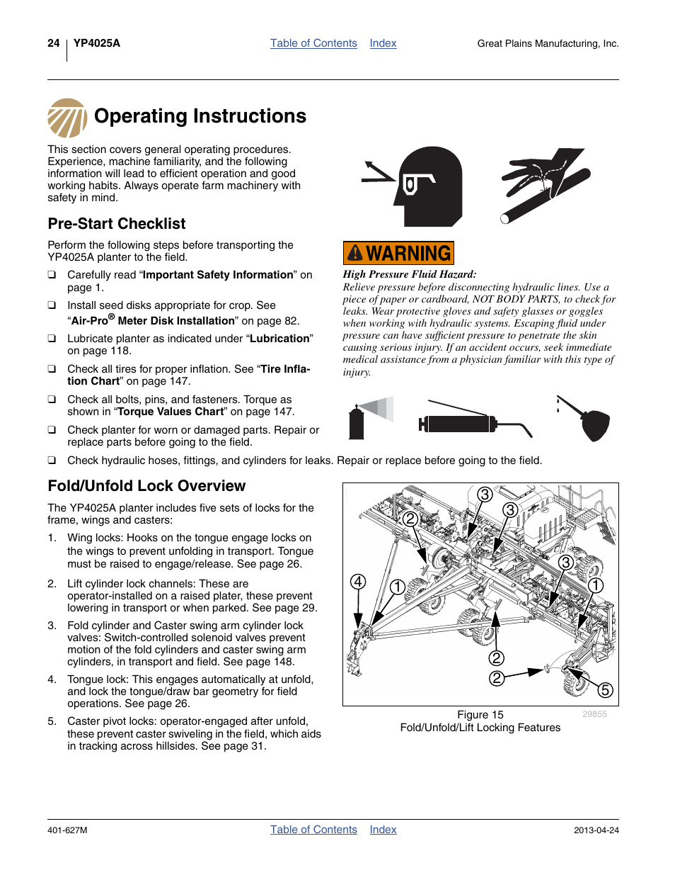 Operating instructions, Pre-start checklist, Fold/unfold lock overview | Great Plains YP4025A Operator Manual User Manual | Page 28 / 190