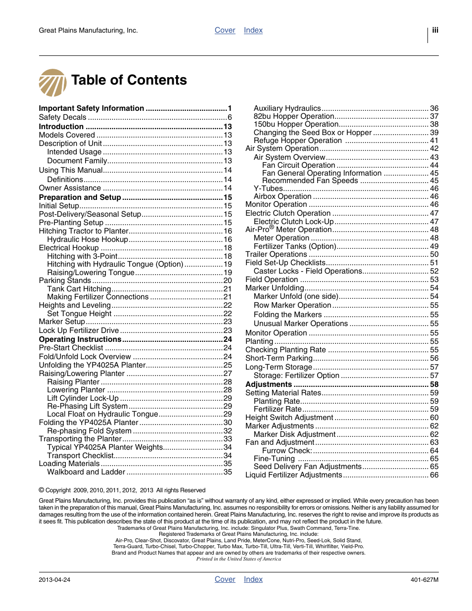 Great Plains YP4025A Operator Manual User Manual | Page 3 / 190